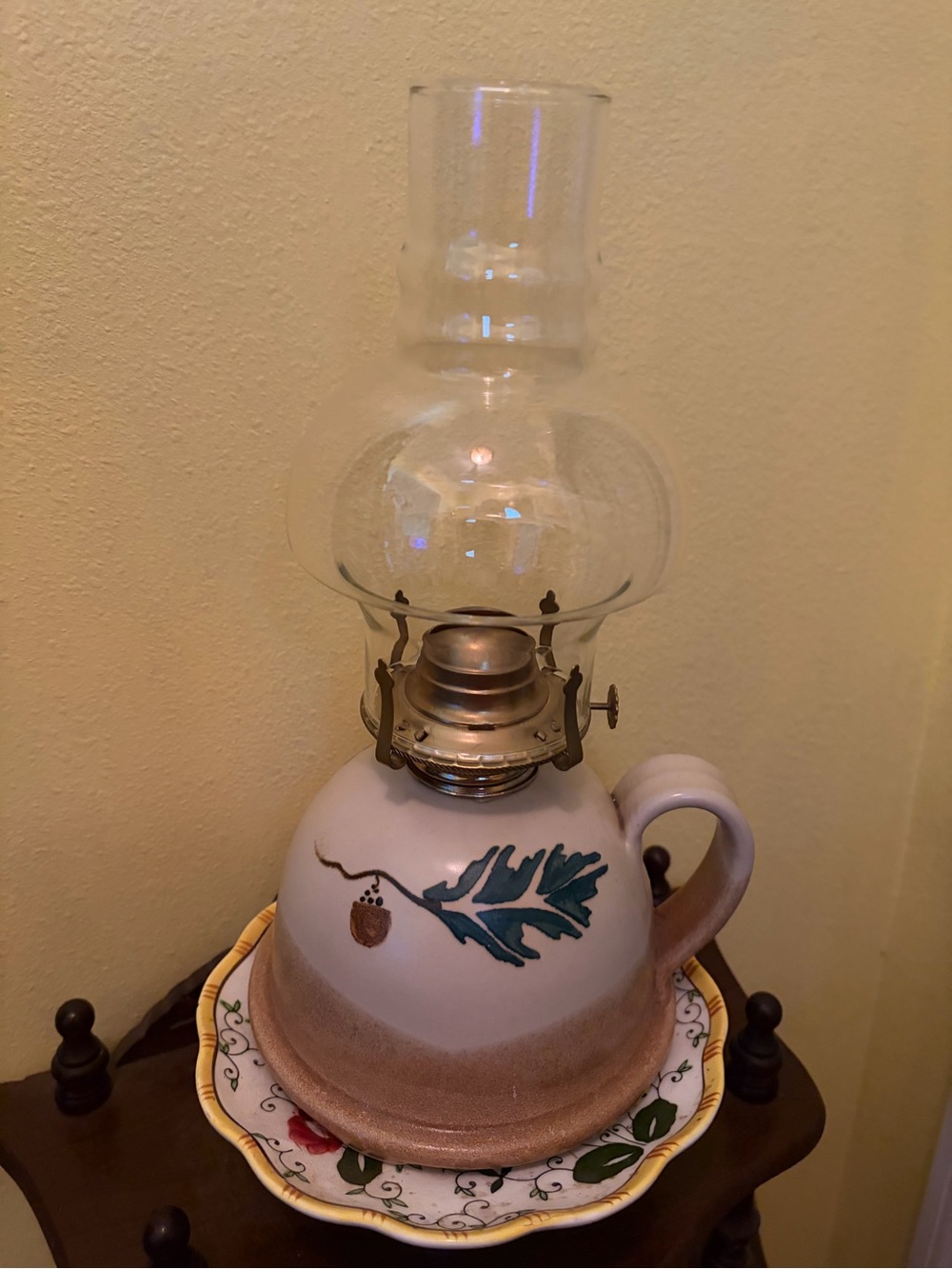 Vintage Studio Pottery Oil Lamp with Glass Chimney
